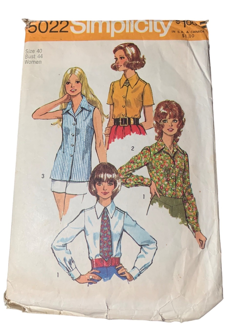 Simplicity 5022 Sewing Pattern Shirt Tie Size 40 Womens 1970s